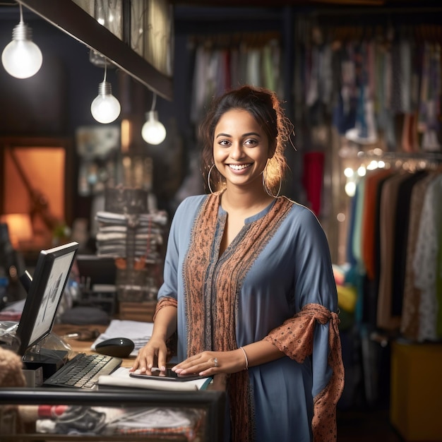 Indian woman standing her clothing shop