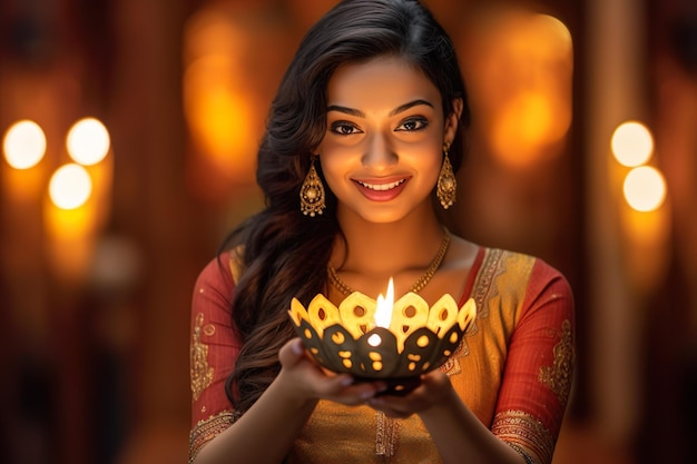 Photo indian woman in traditional indian dress holding diya lamps lantern diwali celebration concept