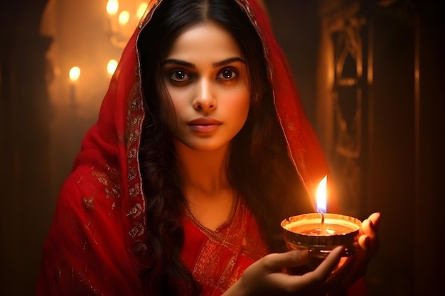 Indian woman in traditional sari with oil lamp and celebrating diwali or deepavali fesitval of lights