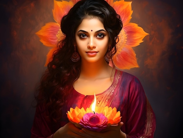 Indian woman in traditional sari with oil lamp and celebrating Diwali or deepavali fesitval of lights