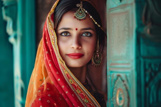 Indian woman wearing vibrant traditional saree