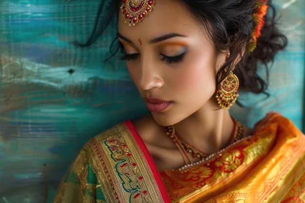 Indian woman wearing vibrant traditional saree