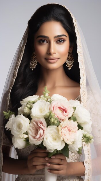 Foto una donna indiana in un saree bianco con un fiore che posa per un servizio fotografico di matrimonio