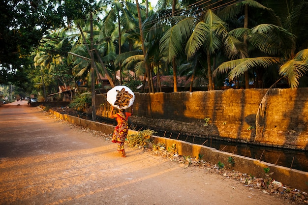 Photo indian woman with a big and heavy bag of brushwood on her head in a red sari. it goes along the river channel with palm trees. the setting sun in gokarna