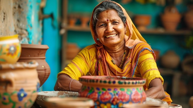 Indian woman with clay pottery in Jaipur Rajasthan India