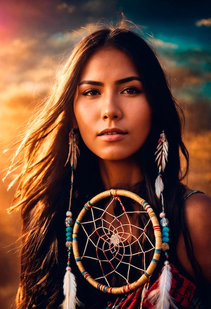 Photo indian woman with dream catcher on her neck selective focus