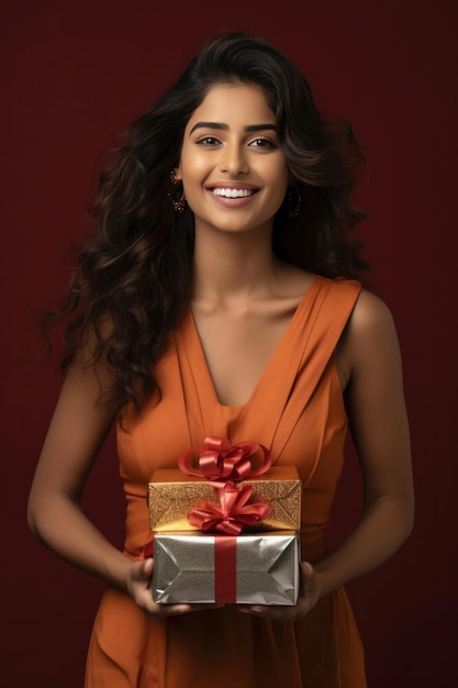 Индианка с коробками подарков на Дивали или день рождения