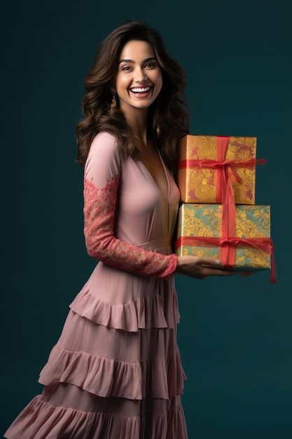 indian woman with gifts boxes for diwali or birthday