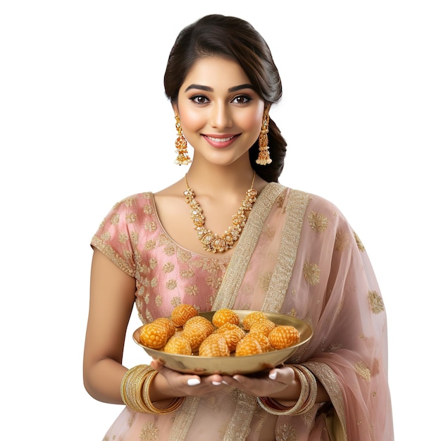 Photo indian woman with sweet plate for celebrate festival