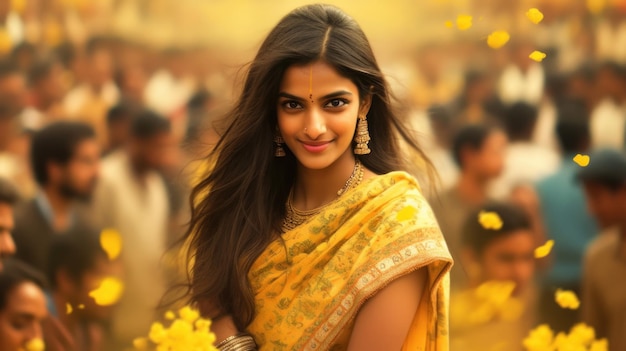 Indian woman in yellow flowers and traditional clothes