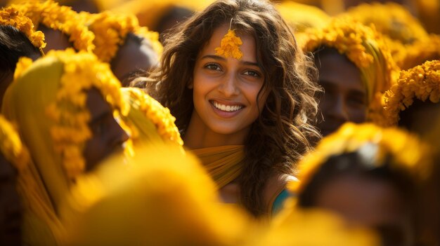 Indian woman in yellow flowers and traditional clothes