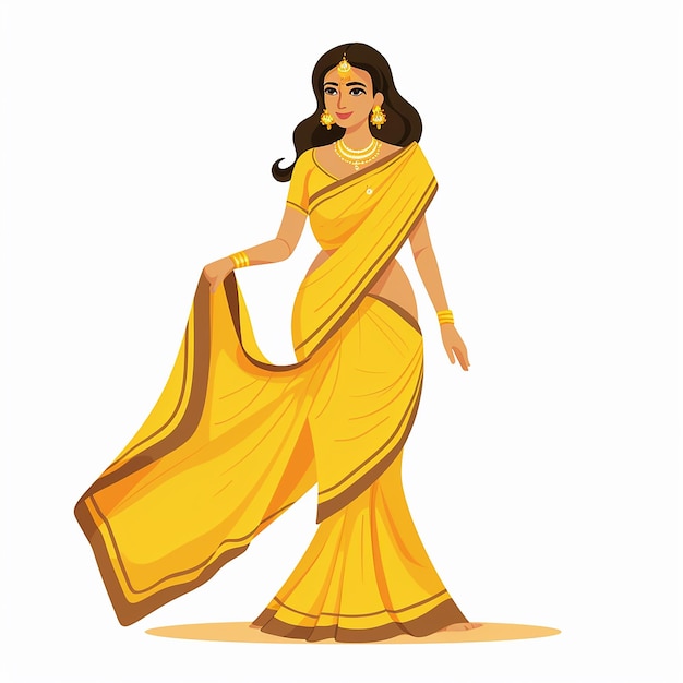 Photo indian woman in yellow saree flat design vector illustration on isolated background