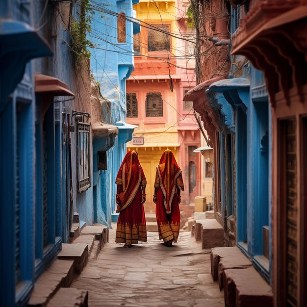 Indian women in colorful sari on city street