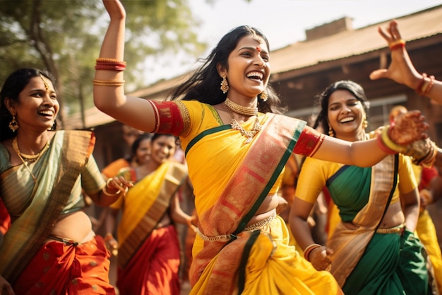 Indian women in national dress dancing merrily