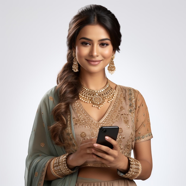 A indian women wearing casual ethnic clothing using her smartphone