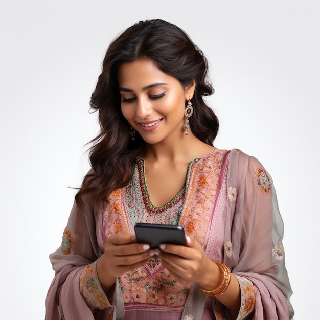 A indian women wearing casual ethnic clothing using her smartphone