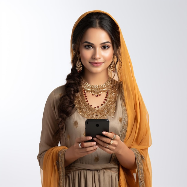 A indian women wearing casual ethnic clothing using her smartphone