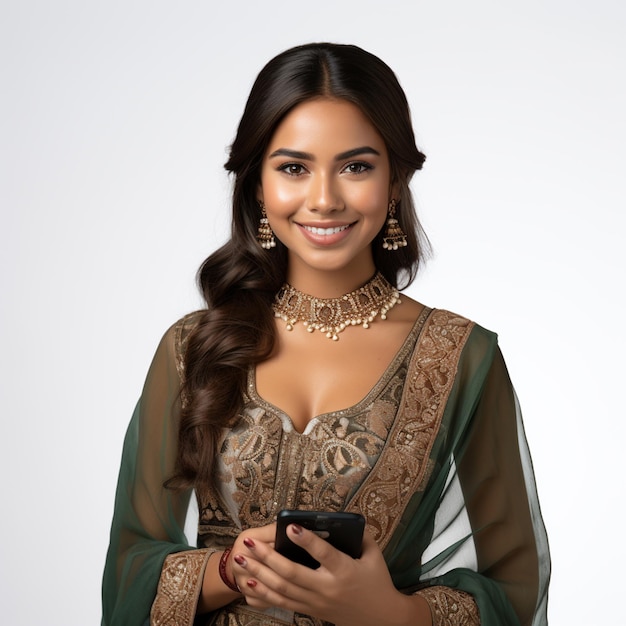 A indian women wearing casual ethnic clothing using her smartphone