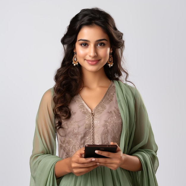 Индийская женщина в повседневной этнической одежде использует свой смартфон