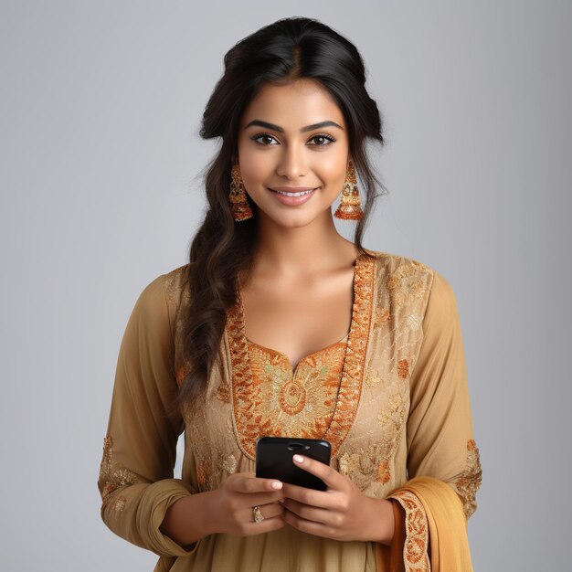 A indian women wearing casual ethnic clothing using her smartphone