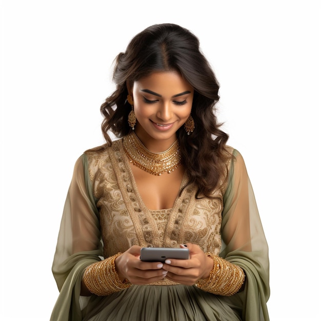 スマートフォンを使ってカジュアルな民族服を着たインド人女性