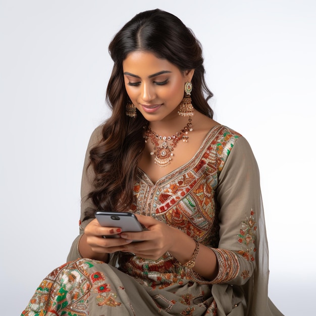 스마트폰을 사용하는 캐주얼 인종 의상을 입은 인도 여성