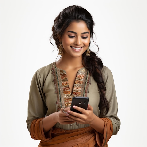 A indian women wearing casual ethnic clothing using her smartphone