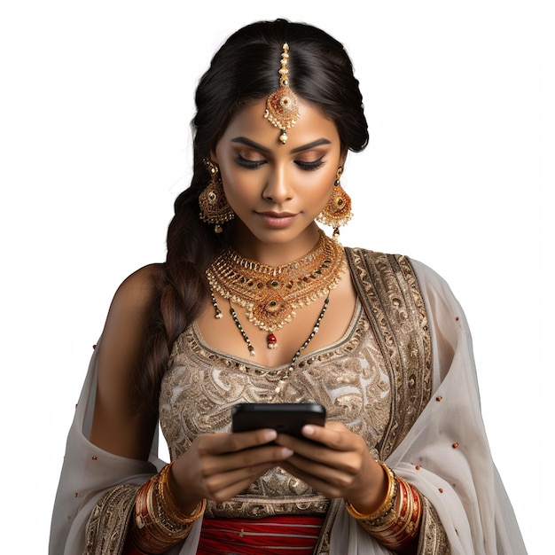 A indian women wearing casual ethnic clothing using her smartphone