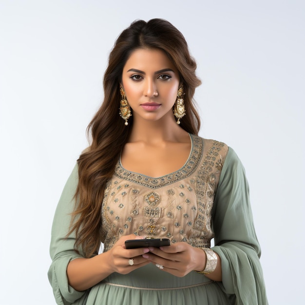 Foto una donna indiana che indossa abiti etnici casuali usando il suo smartphone