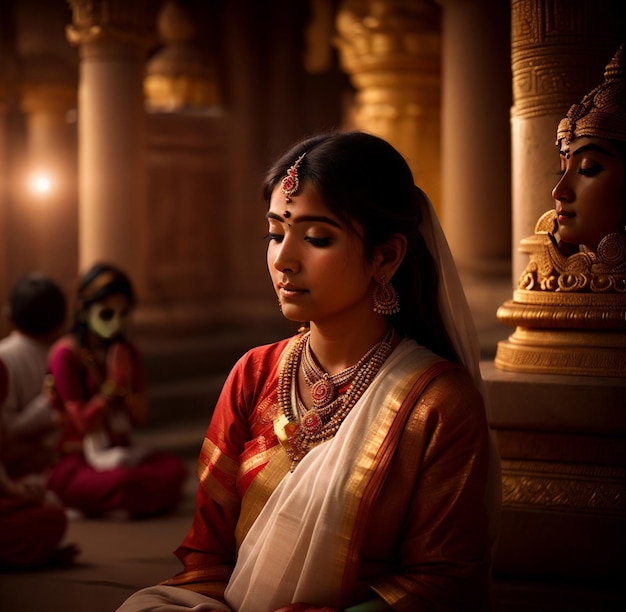 indian women with tradtional jewellery doing pooja