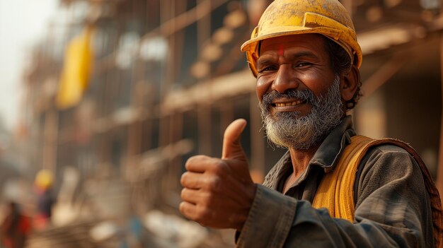 an Indian worker showing thumb at construction site