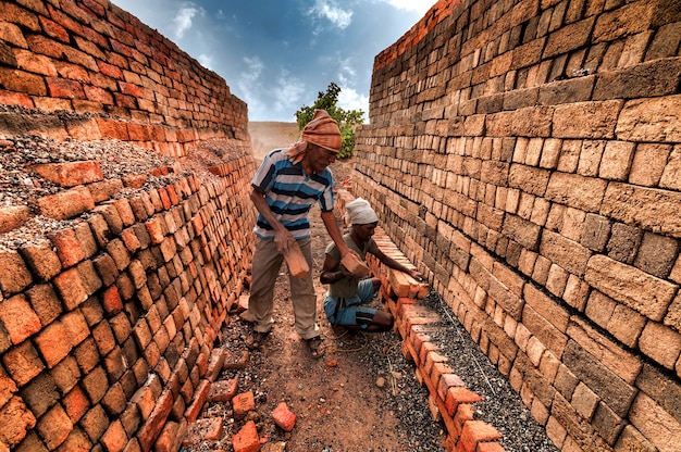 Indian workers arranging ready bricks in the factory.