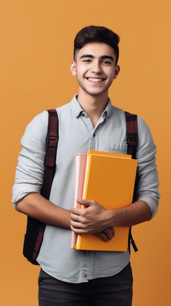 An Indian young boy holding books and smiling