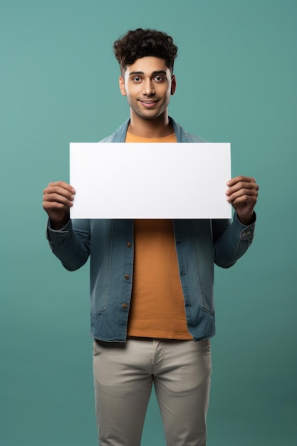 Photo indian young boy or man holds blank placard or white board