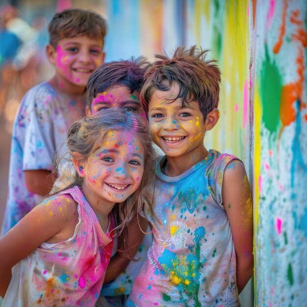 Indian Young Boys Girls Playing Holi Color Festival Raw Image AI Generated Tradition Ce