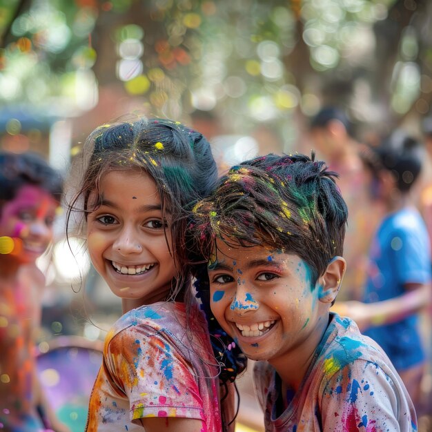 インドの若い男の子と女の子がホリ・カラー・フェスティバルをプレイしている RAW イメージ AI生成の伝統 Ce
