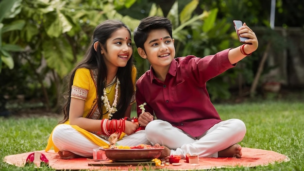 Photo indian young brother and sister celebrating raksha bandhan or rakhi festival or on bhai dooj or bha