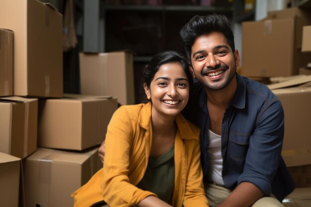 Indian young couple relaxing while shifting or unpacking home sitting between packaging boxes