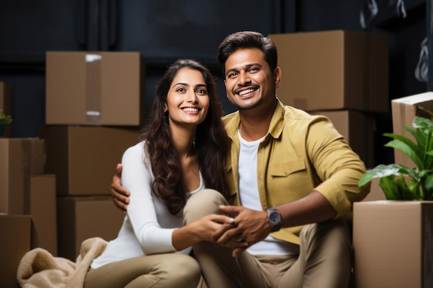 Индийская молодая пара отдыхает, передвигаясь или распаковывая вещи дома, сидя между упаковочными коробками