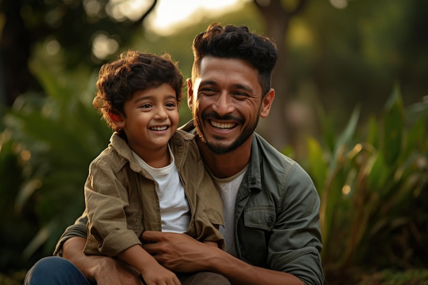 Indian young father and small kid playing cuddling flying plane floating boat