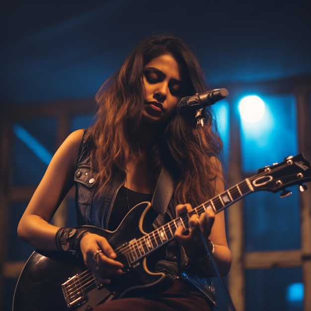 Индийская молодая девушка держит гитару и выступает на сцене, как рок-звезда