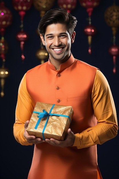 Indian young man with gift boxes against solid colour background