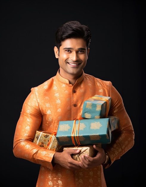 Indian young man with gift boxes against solid colour background