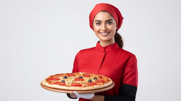 Foto una giovane donna indiana modello di pizza bianca e hamburger indossando un vestito rosso guarda avanti sullo sfondo bianco