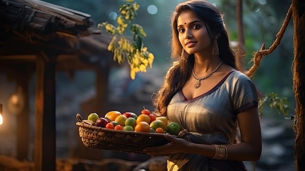 Indian young woman in a sari with a tray of fruits and vegetables against the backdrop of a village in the jungle