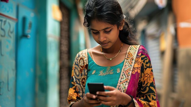 スマートフォンを使っているインド人の若い女性