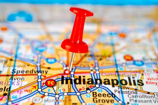 Photo indianapolis, marion road map with red pushpin, city in the united states of america.