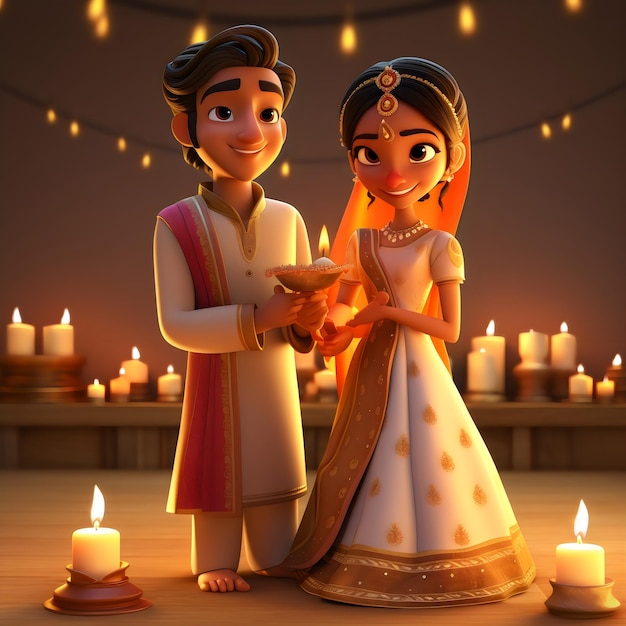 Foto indiase 3d-paren met diya diwali en karwa chauth ontwerp stijl