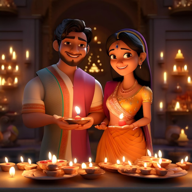 Indiase 3D-paren met diya diwali en karwa chauth ontwerp stijl