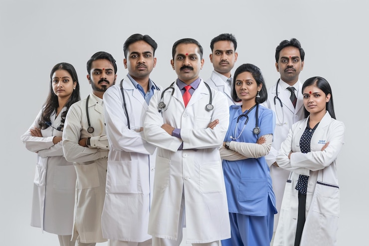 Indiase artsen en verpleegkundigen staan samen